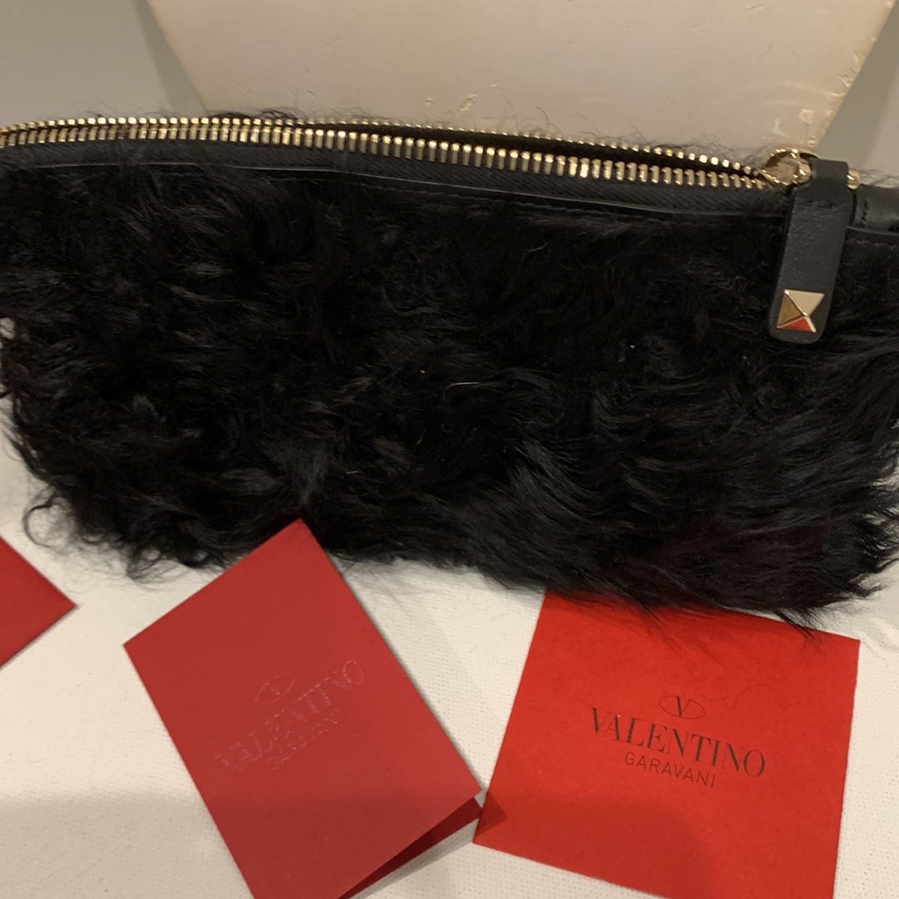 VALENTINO 🖤 Mongolian Curly Sherpa Lamb Fur Rockstud Zip Clutch Pouch Pouchette
